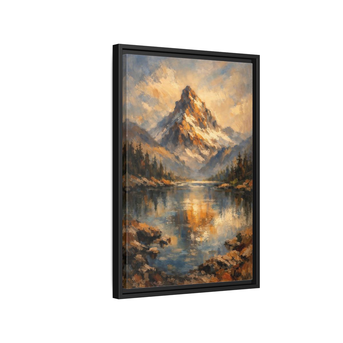 Side Mockup 3. Nature Snowy Mountain Golden Mountain Lake shown as stretched canvas wall art