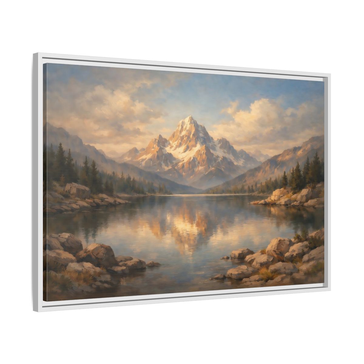 Side Mockup 8. Nature Snowy Mountain Golden Mountain Lake shown as stretched canvas wall art