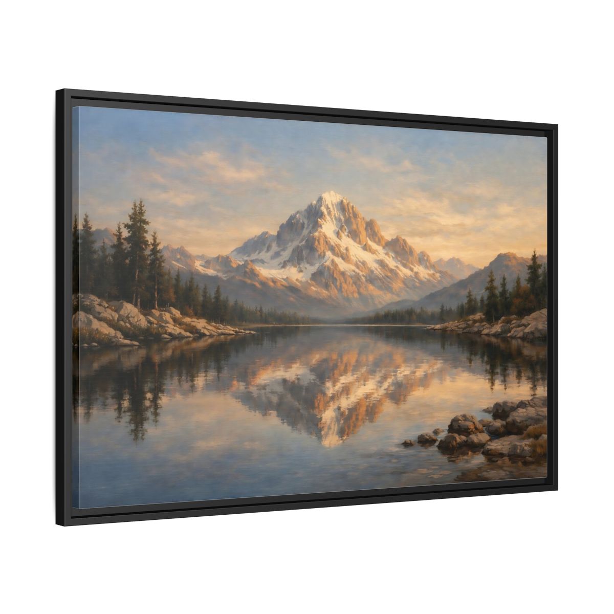 Side Mockup 13. Nature Snowy Mountain Golden Mountain Lake shown as stretched canvas wall art