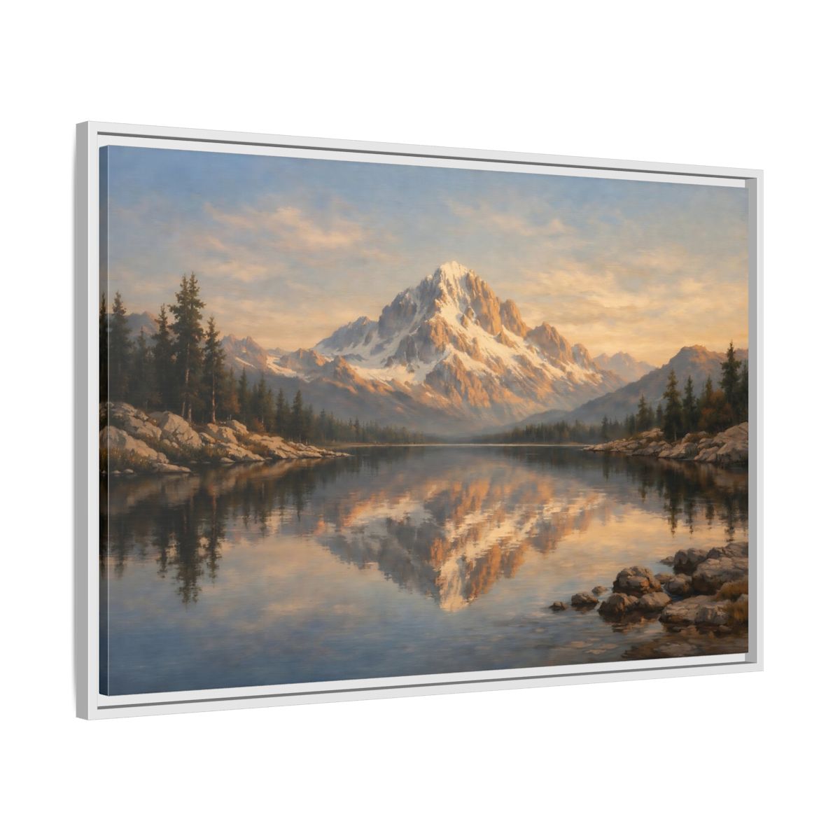 Side Mockup 8. Nature Snowy Mountain Golden Mountain Lake shown as stretched canvas wall art