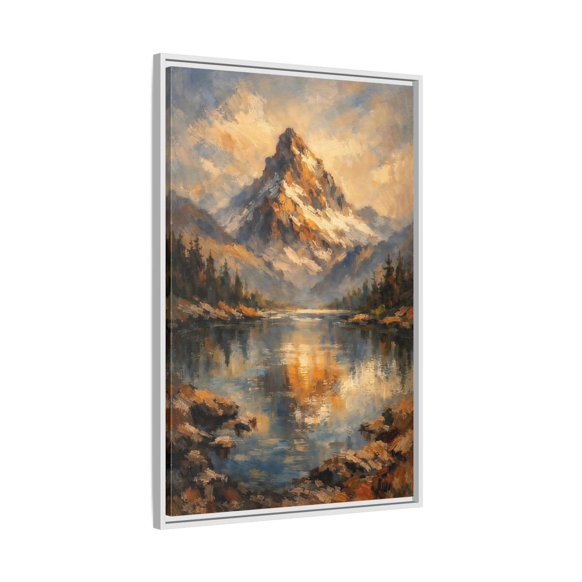 Side Mockup 9. Nature Snowy Mountain Golden Mountain Lake shown as stretched canvas wall art