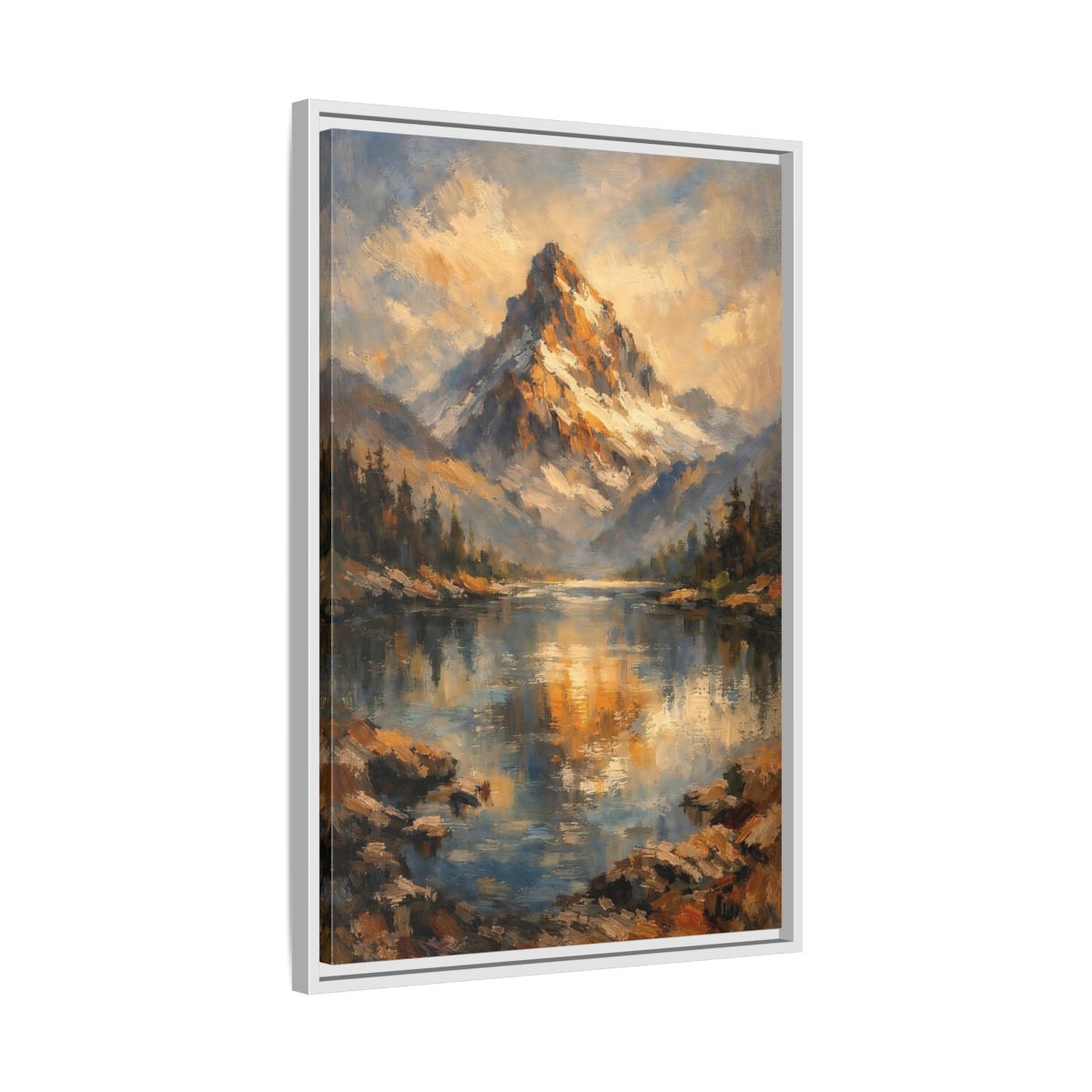 Side Mockup 11. Nature Snowy Mountain Golden Mountain Lake shown as stretched canvas wall art