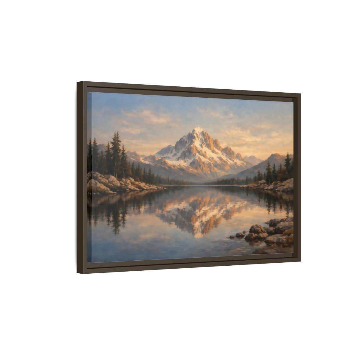 Side Mockup 2. Nature Snowy Mountain Golden Mountain Lake shown as stretched canvas wall art