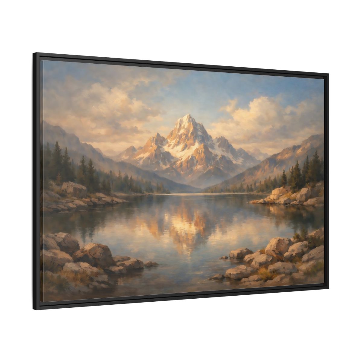 Side Mockup 12. Nature Snowy Mountain Golden Mountain Lake shown as stretched canvas wall art