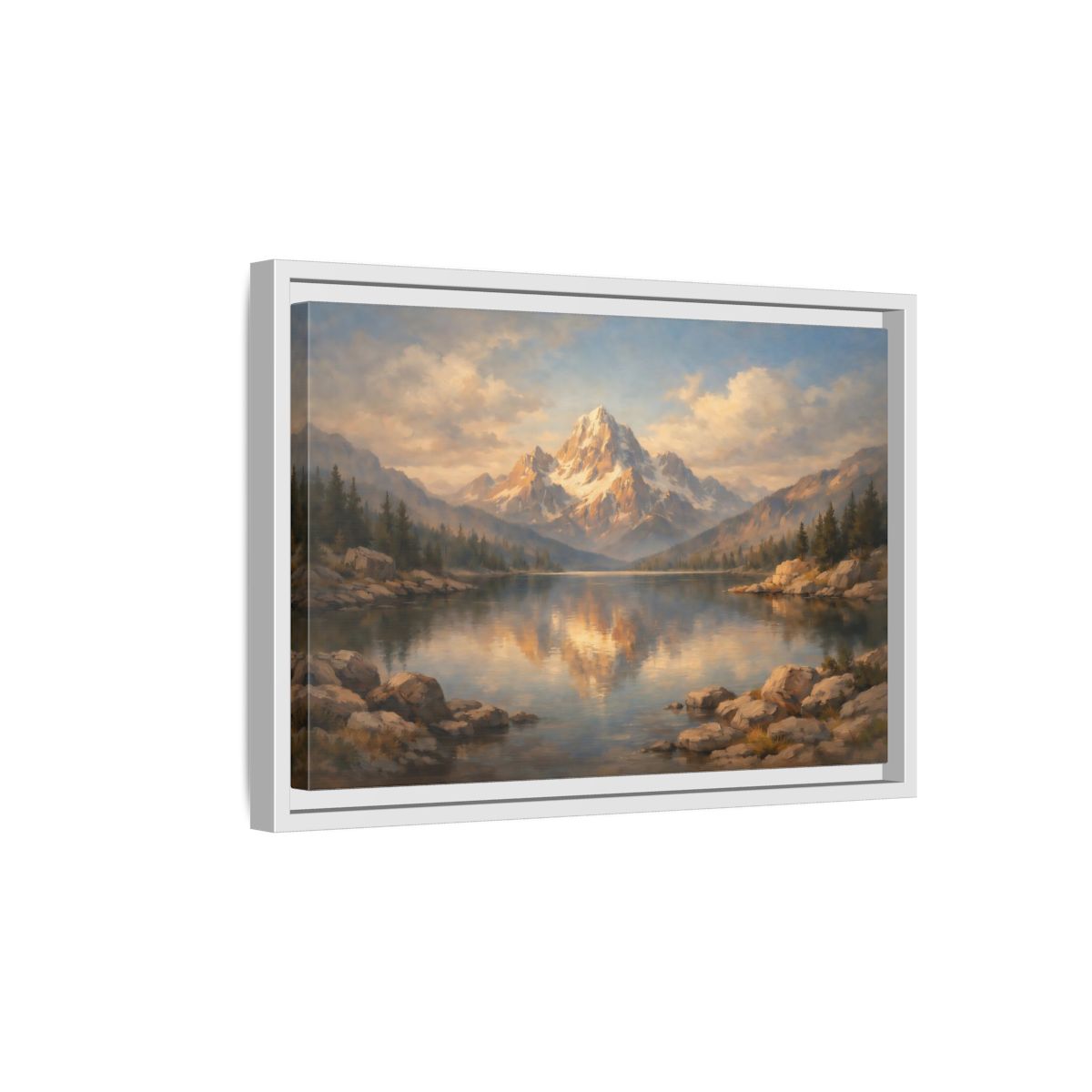Side Mockup 4. Nature Snowy Mountain Golden Mountain Lake shown as stretched canvas wall art