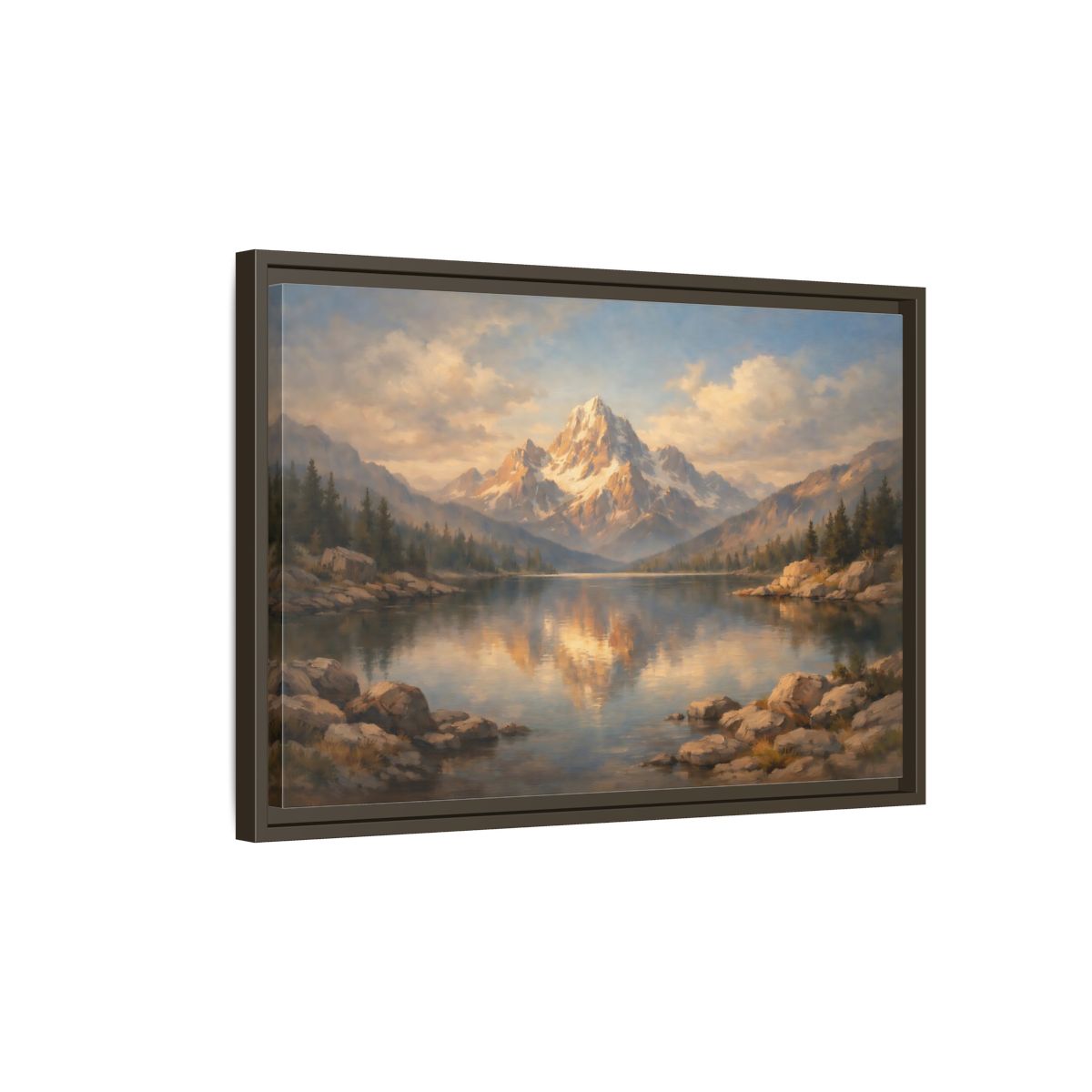 Side Mockup 2. Nature Snowy Mountain Golden Mountain Lake shown as stretched canvas wall art