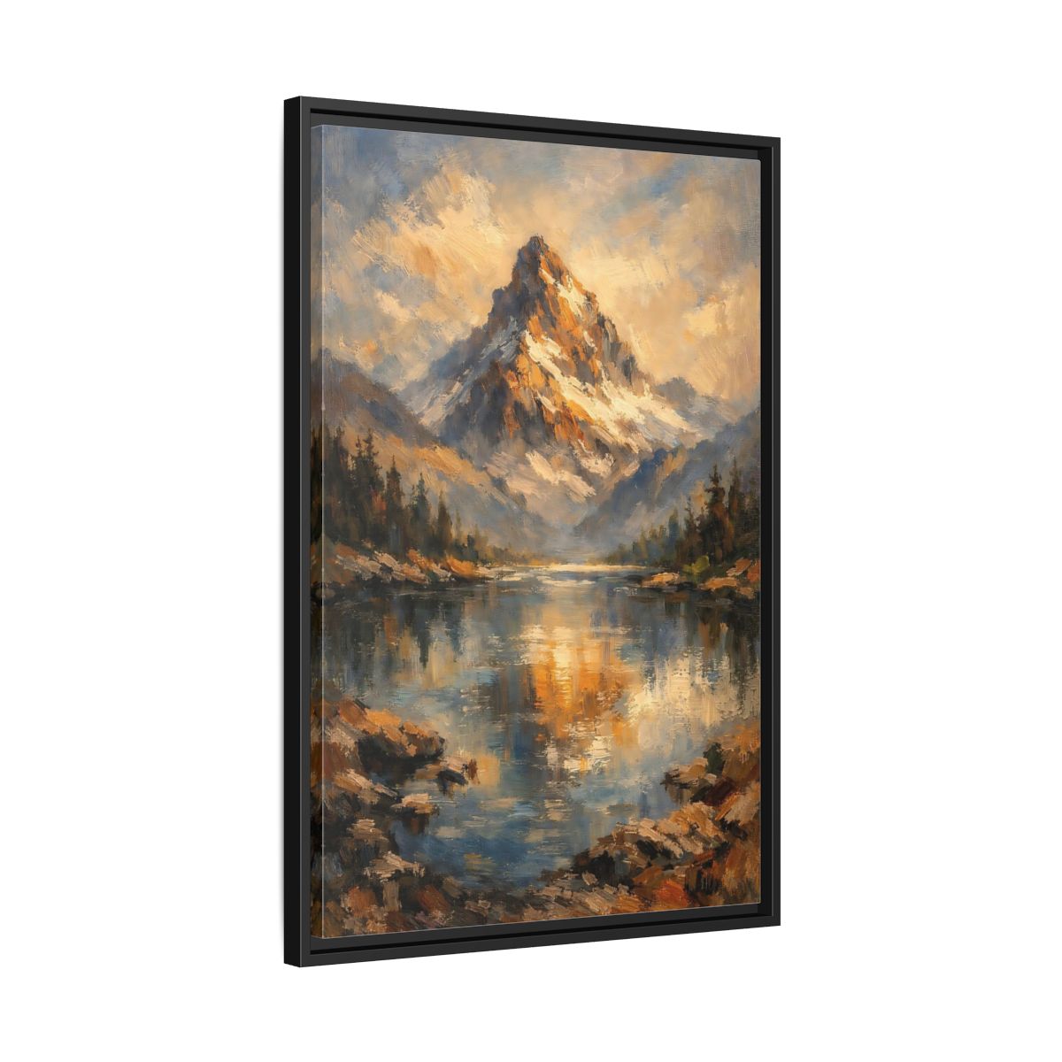 Side Mockup 14. Nature Snowy Mountain Golden Mountain Lake shown as stretched canvas wall art