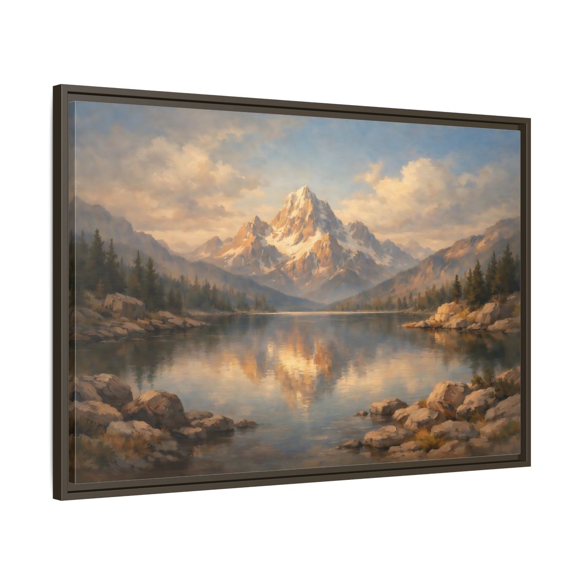 Side Mockup 9. Nature Snowy Mountain Golden Mountain Lake shown as stretched canvas wall art