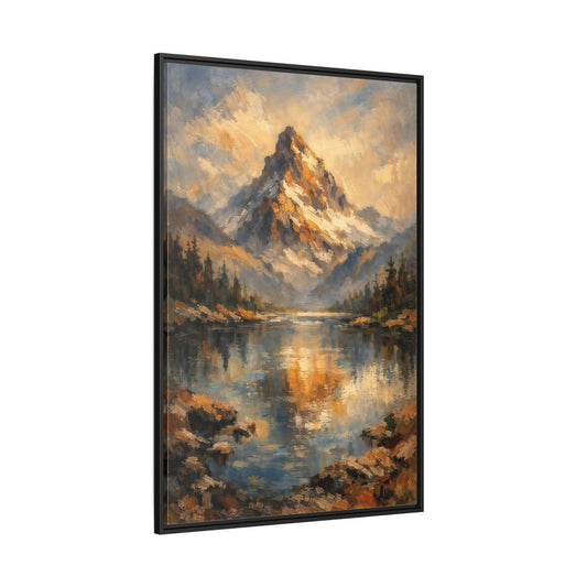 Main Mockup. Nature Snowy Mountain Golden Mountain Lake shown as stretched canvas wall art