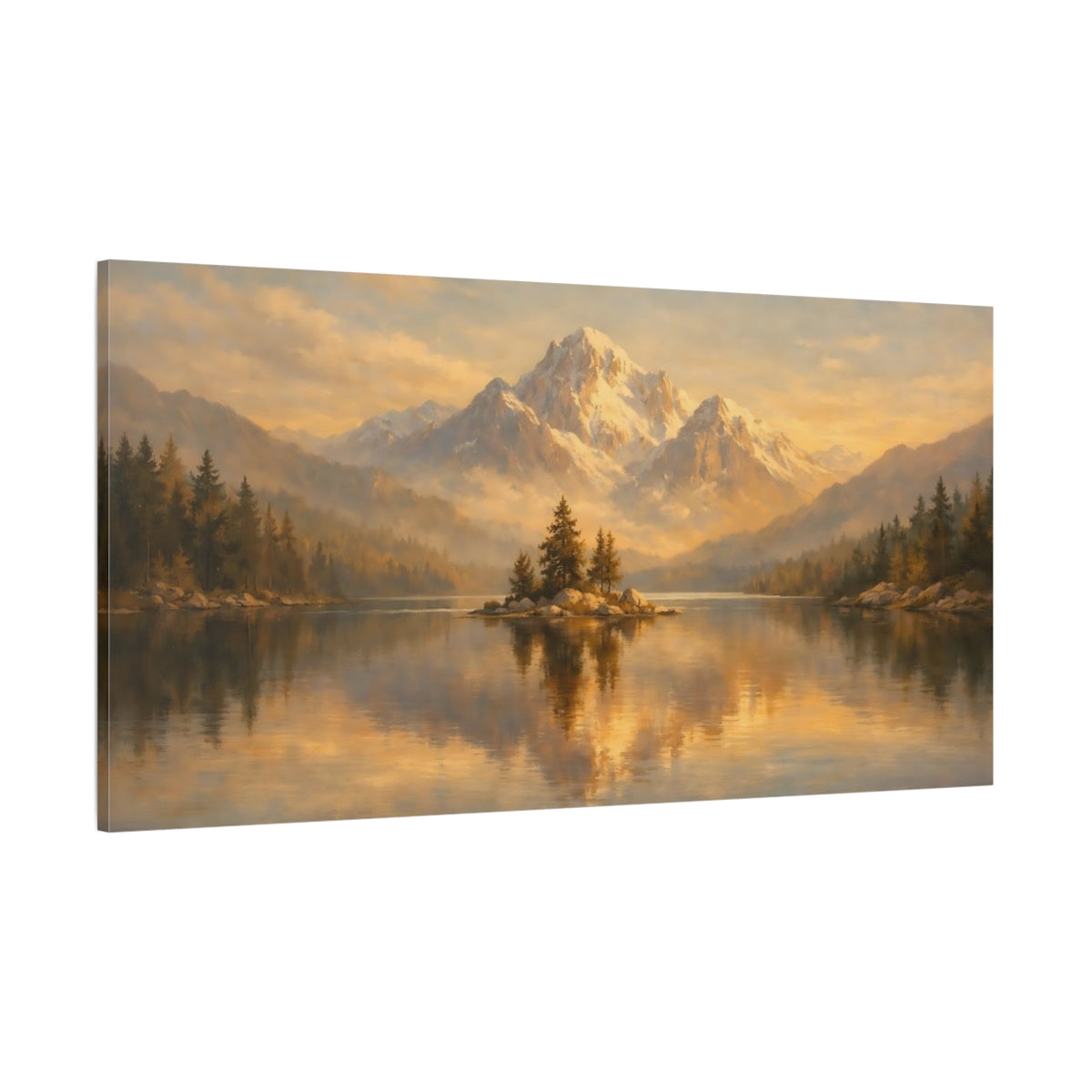 Main Mockup. Nature Snowy Mountain Golden Mountain Lake shown as stretched canvas wall art