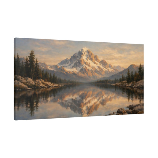 Main Mockup. Nature Snowy Mountain Golden Mountain Lake shown as stretched canvas wall art