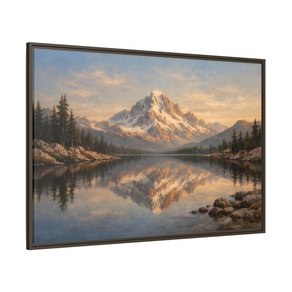 Main Mockup. Nature Snowy Mountain Golden Mountain Lake shown as stretched canvas wall art