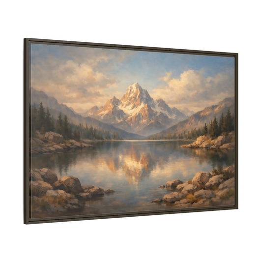Main Mockup. Nature Snowy Mountain Golden Mountain Lake shown as stretched canvas wall art
