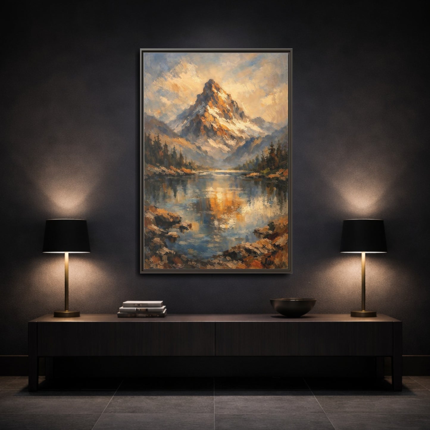 Mockup 2. Nature Snowy Mountain Golden Mountain Lake shown as stretched canvas wall art