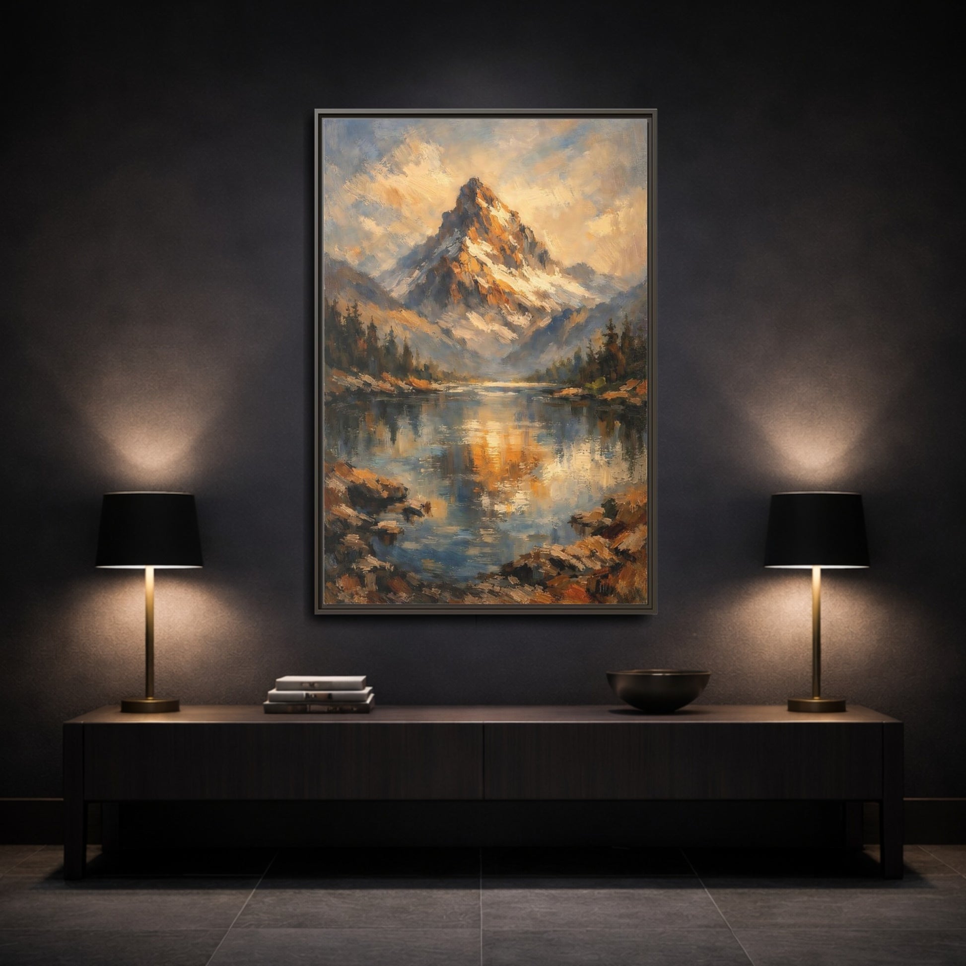 Mockup 2. Nature Snowy Mountain Golden Mountain Lake shown as stretched canvas wall art