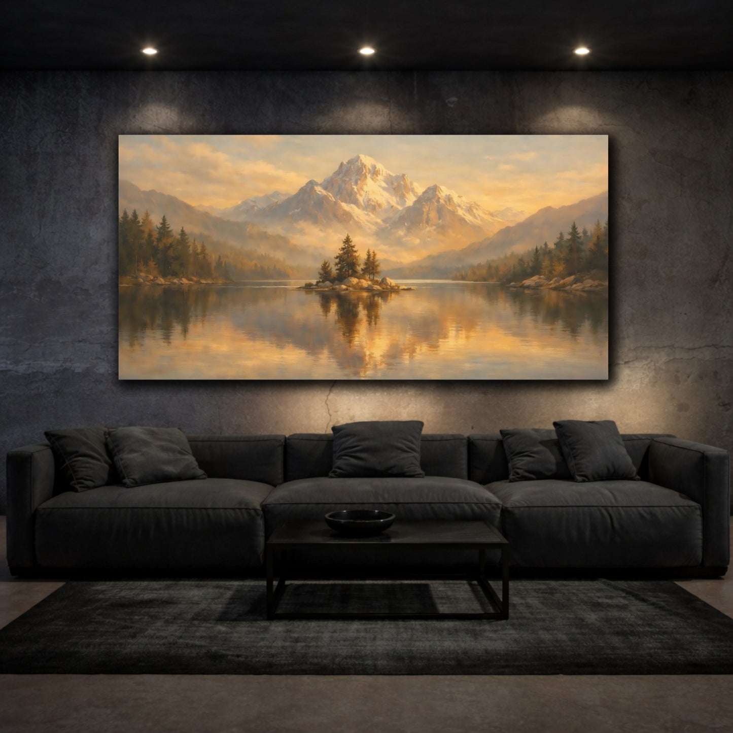 Mockup 2. Nature Snowy Mountain Golden Mountain Lake shown as stretched canvas wall art
