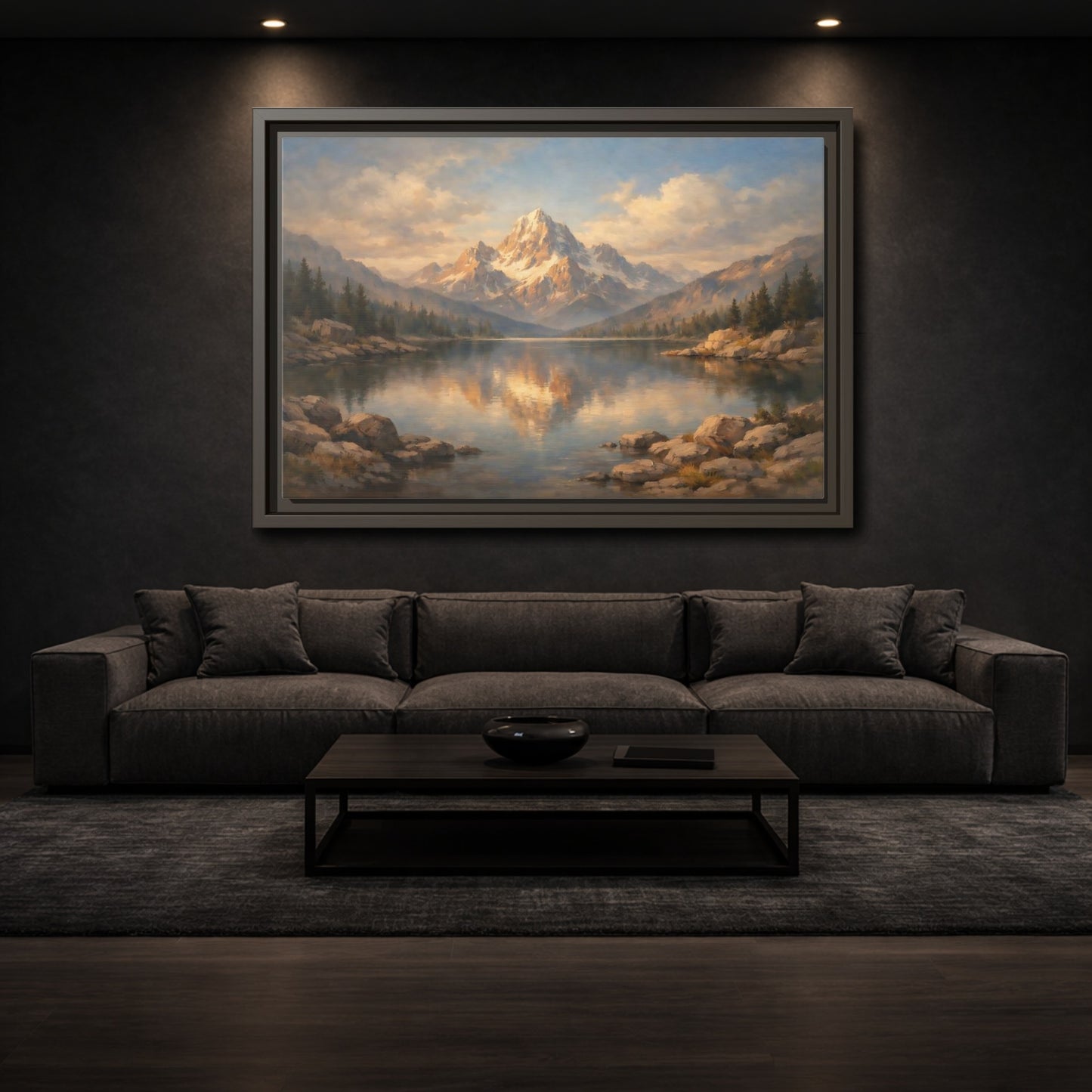 Mockup 2. Nature Snowy Mountain Golden Mountain Lake shown as stretched canvas wall art