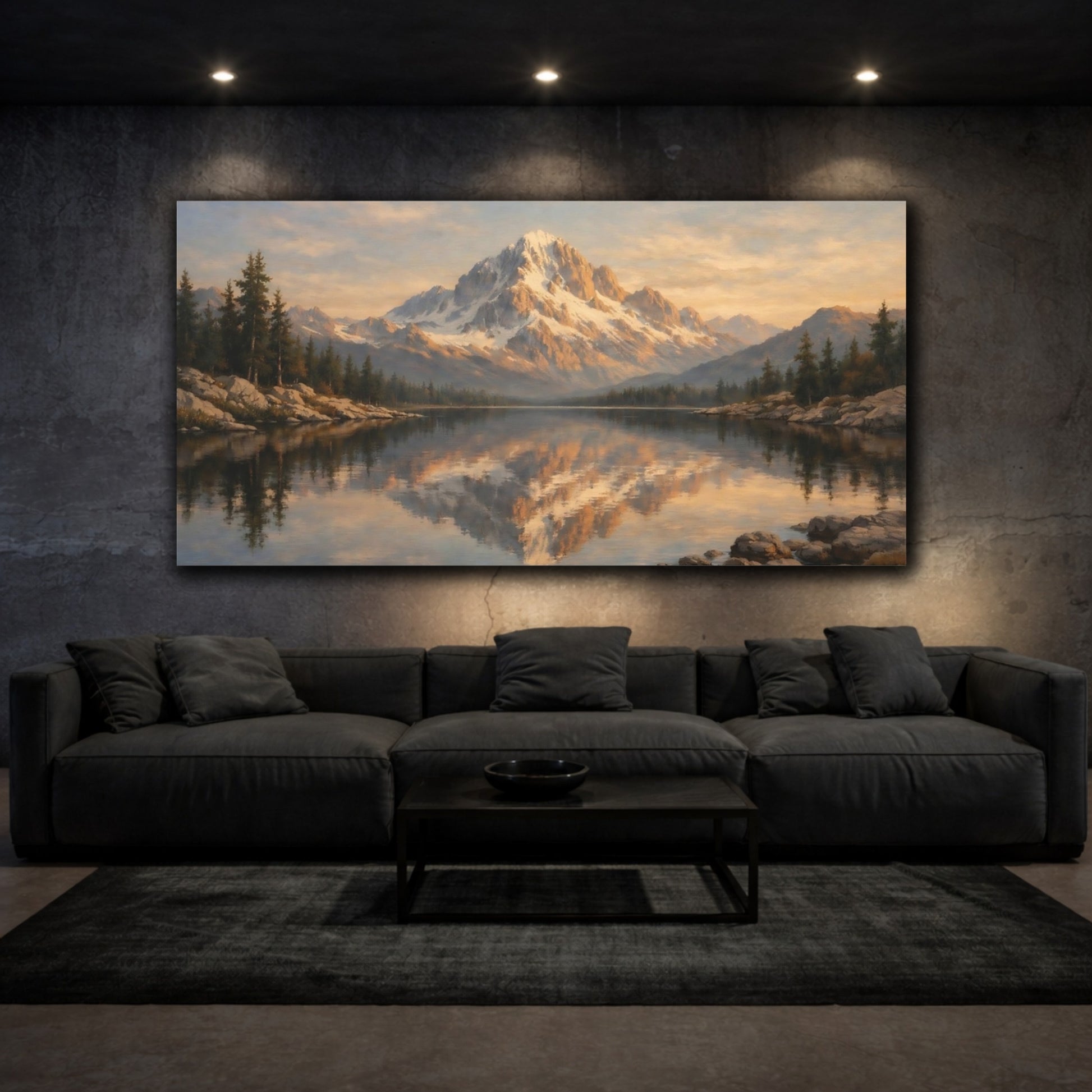 Mockup 2. Nature Snowy Mountain Golden Mountain Lake shown as stretched canvas wall art