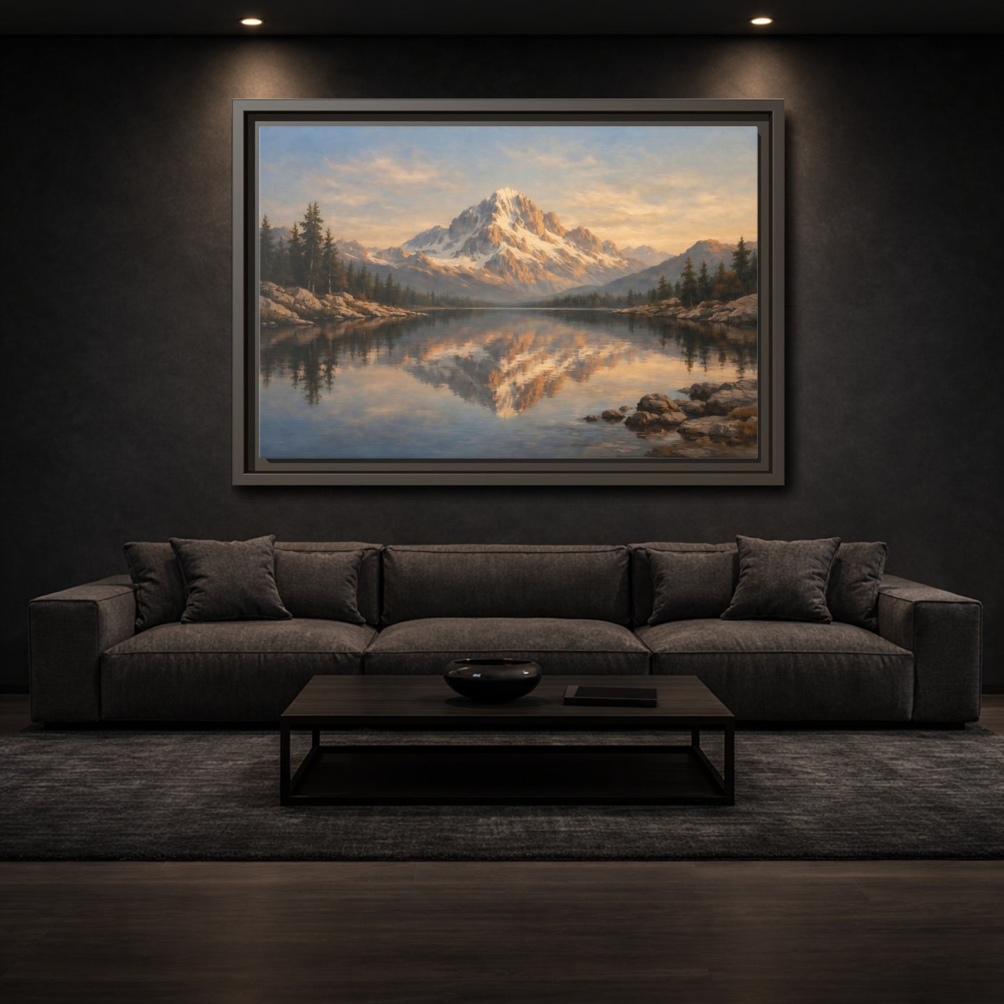 Mockup 2. Nature Snowy Mountain Golden Mountain Lake shown as stretched canvas wall art