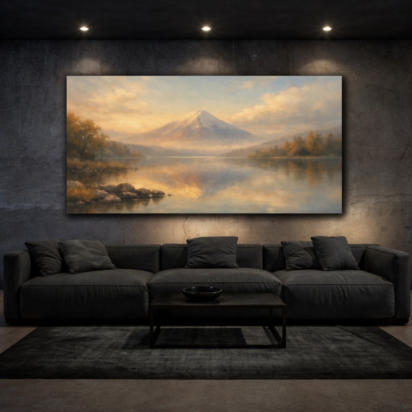 Mockup 2. Nature Snowy Mountain Golden Mountain Lake shown as stretched canvas wall art