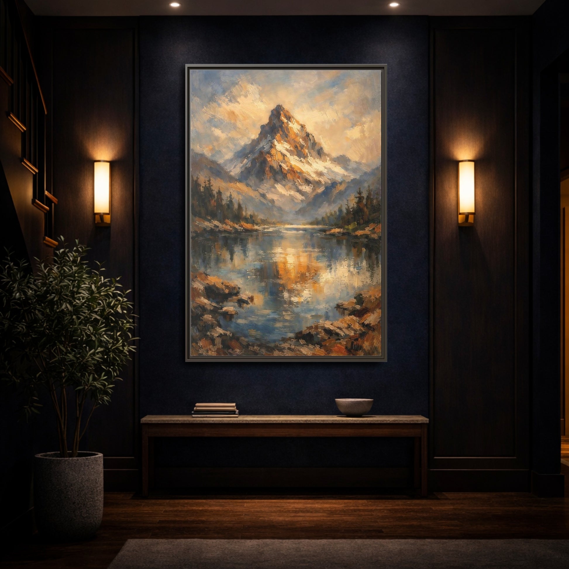 Mockup 3. Nature Snowy Mountain Golden Mountain Lake shown as stretched canvas wall art