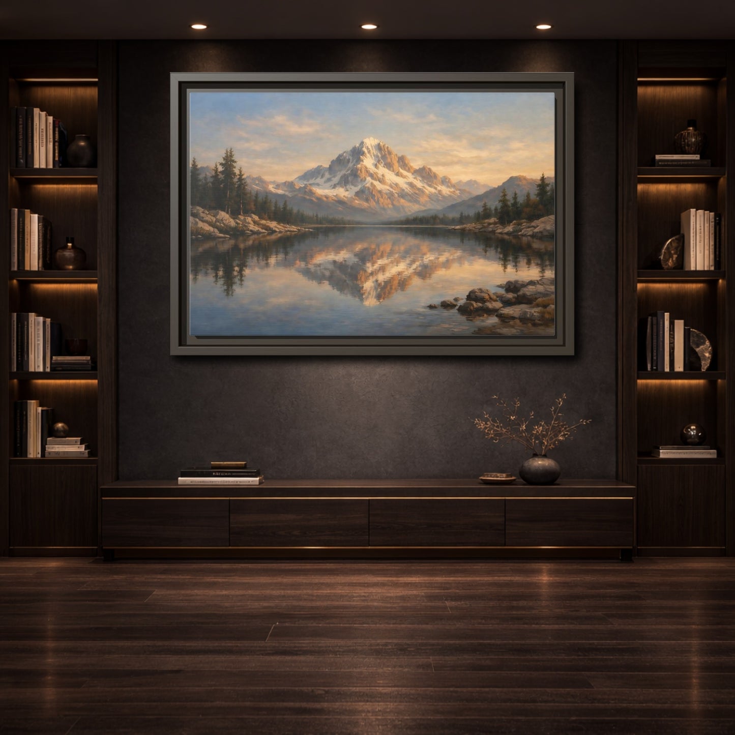 Mockup 3. Nature Snowy Mountain Golden Mountain Lake shown as stretched canvas wall art
