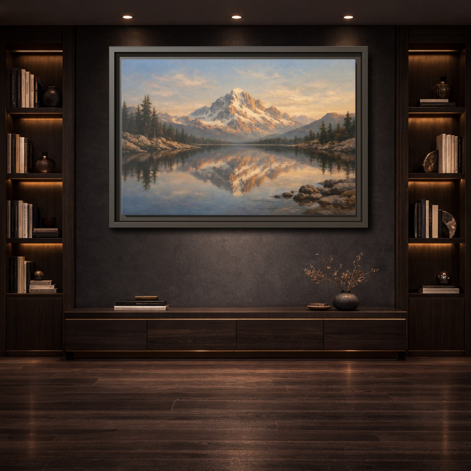 Mockup 3. Nature Snowy Mountain Golden Mountain Lake shown as stretched canvas wall art