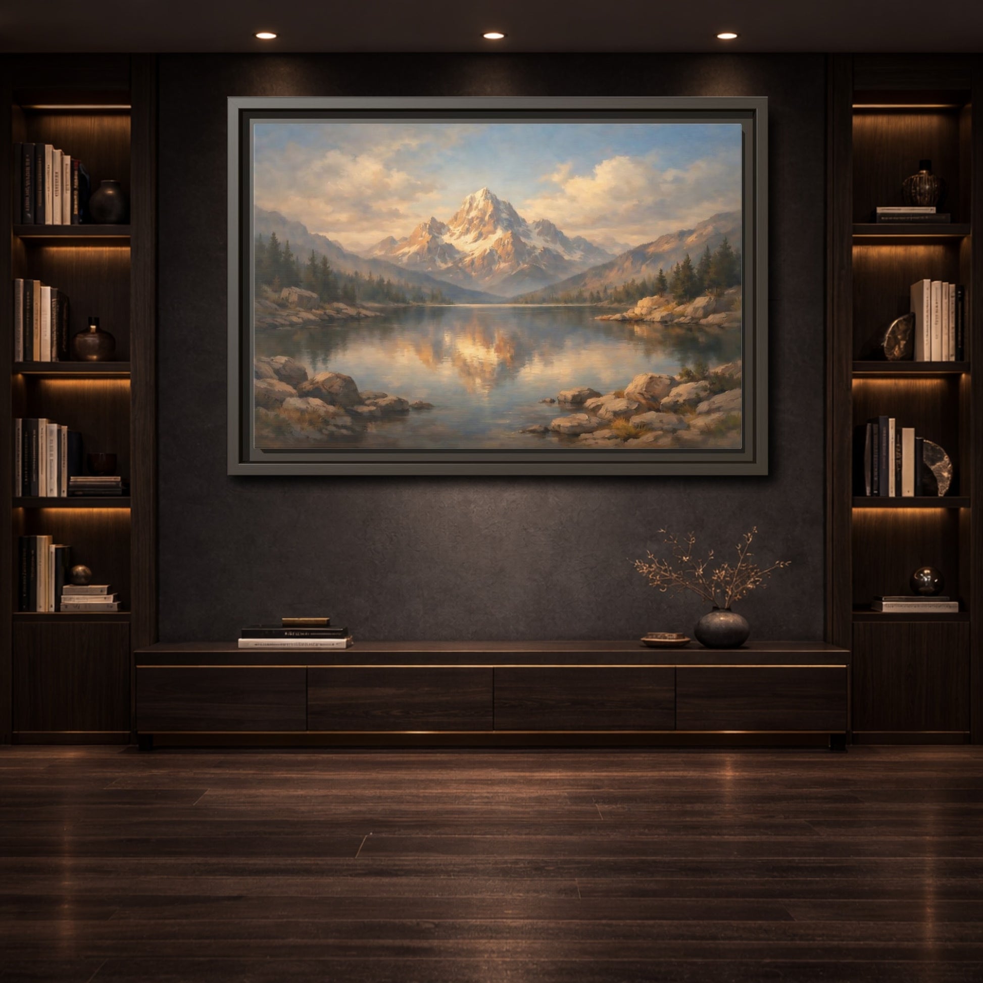 Mockup 3. Nature Snowy Mountain Golden Mountain Lake shown as stretched canvas wall art