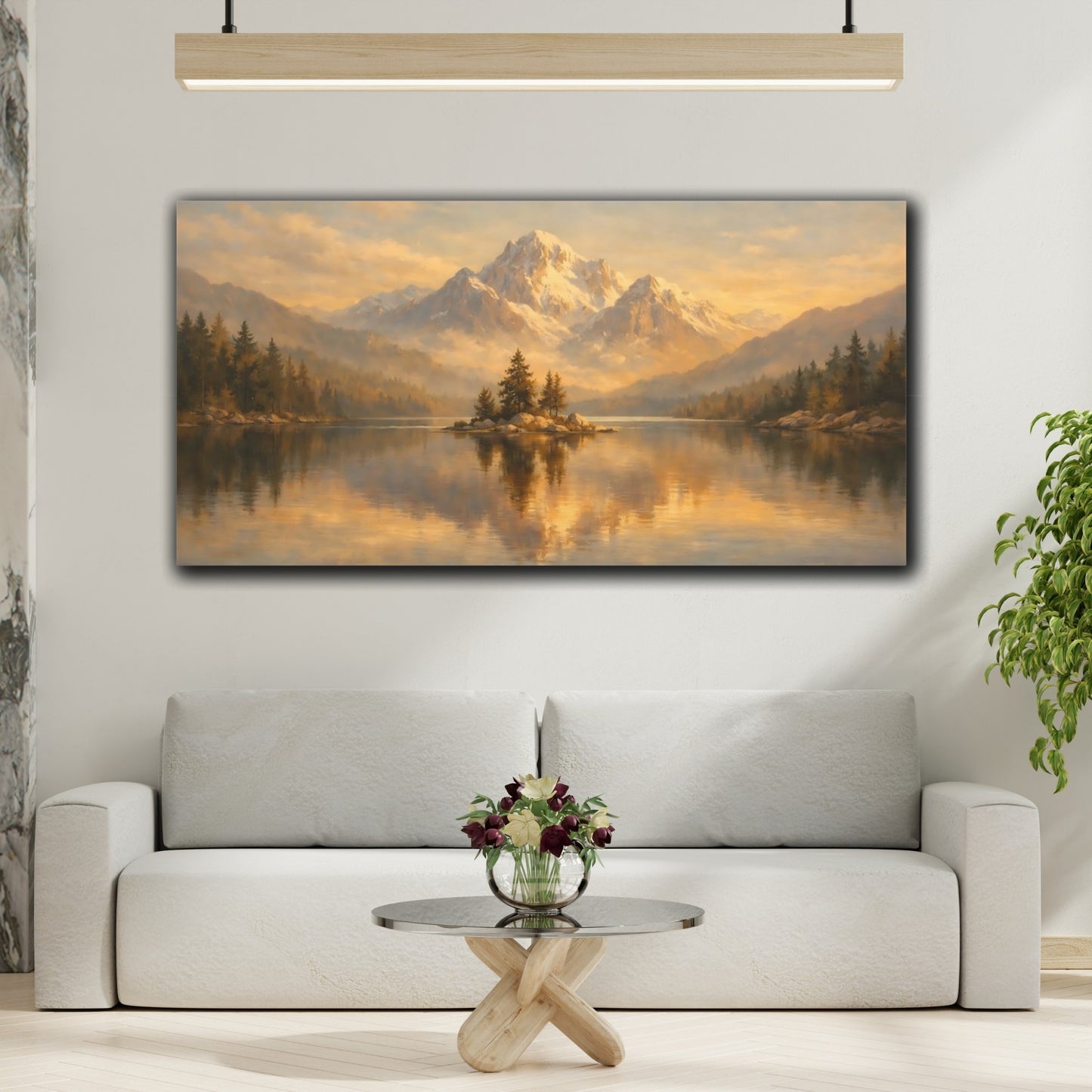 Mockup 3. Nature Snowy Mountain Golden Mountain Lake shown as stretched canvas wall art