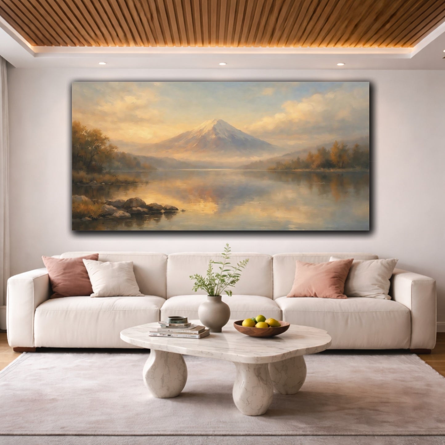Mockup 3. Nature Snowy Mountain Golden Mountain Lake shown as stretched canvas wall art