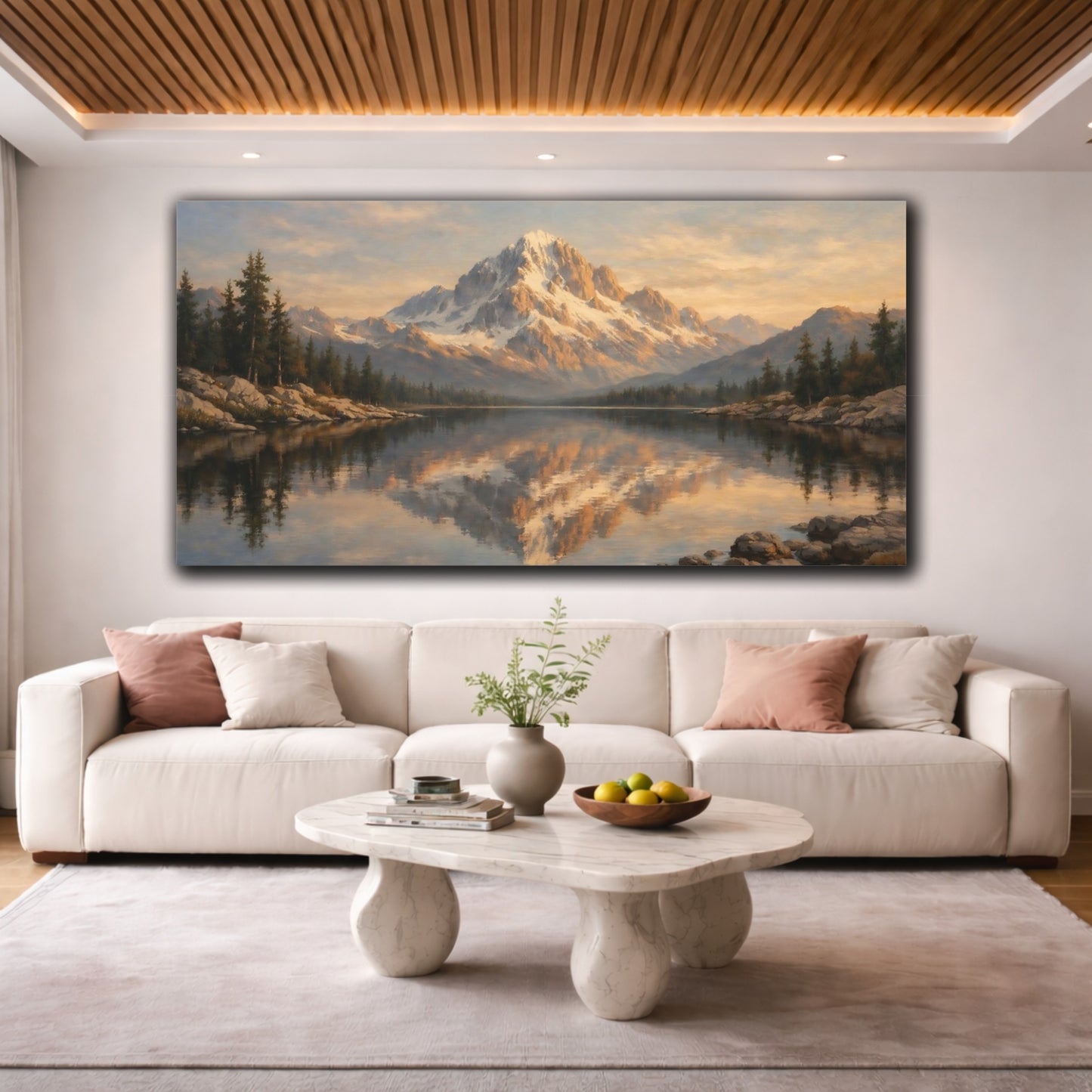 Mockup 3. Nature Snowy Mountain Golden Mountain Lake shown as stretched canvas wall art