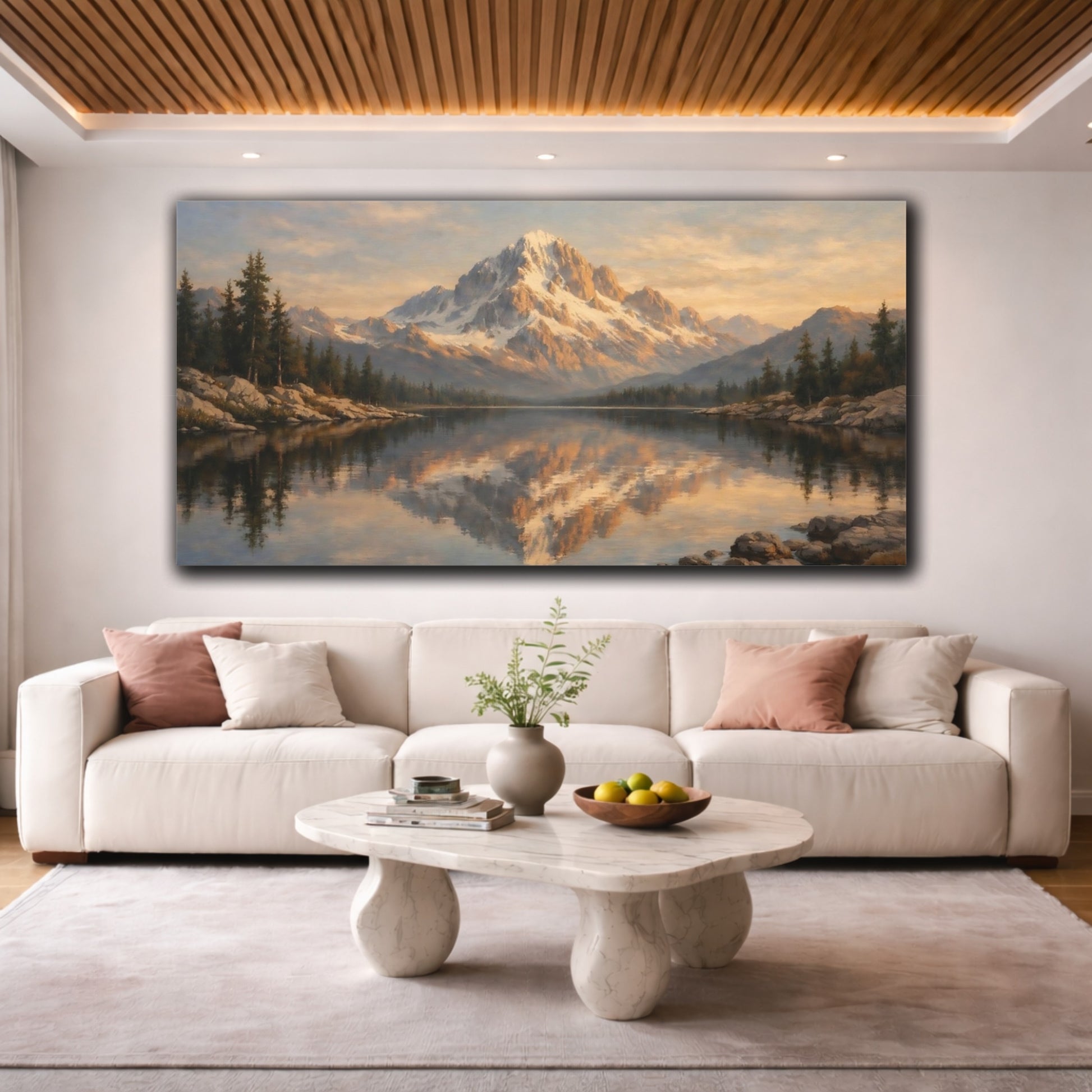 Mockup 3. Nature Snowy Mountain Golden Mountain Lake shown as stretched canvas wall art