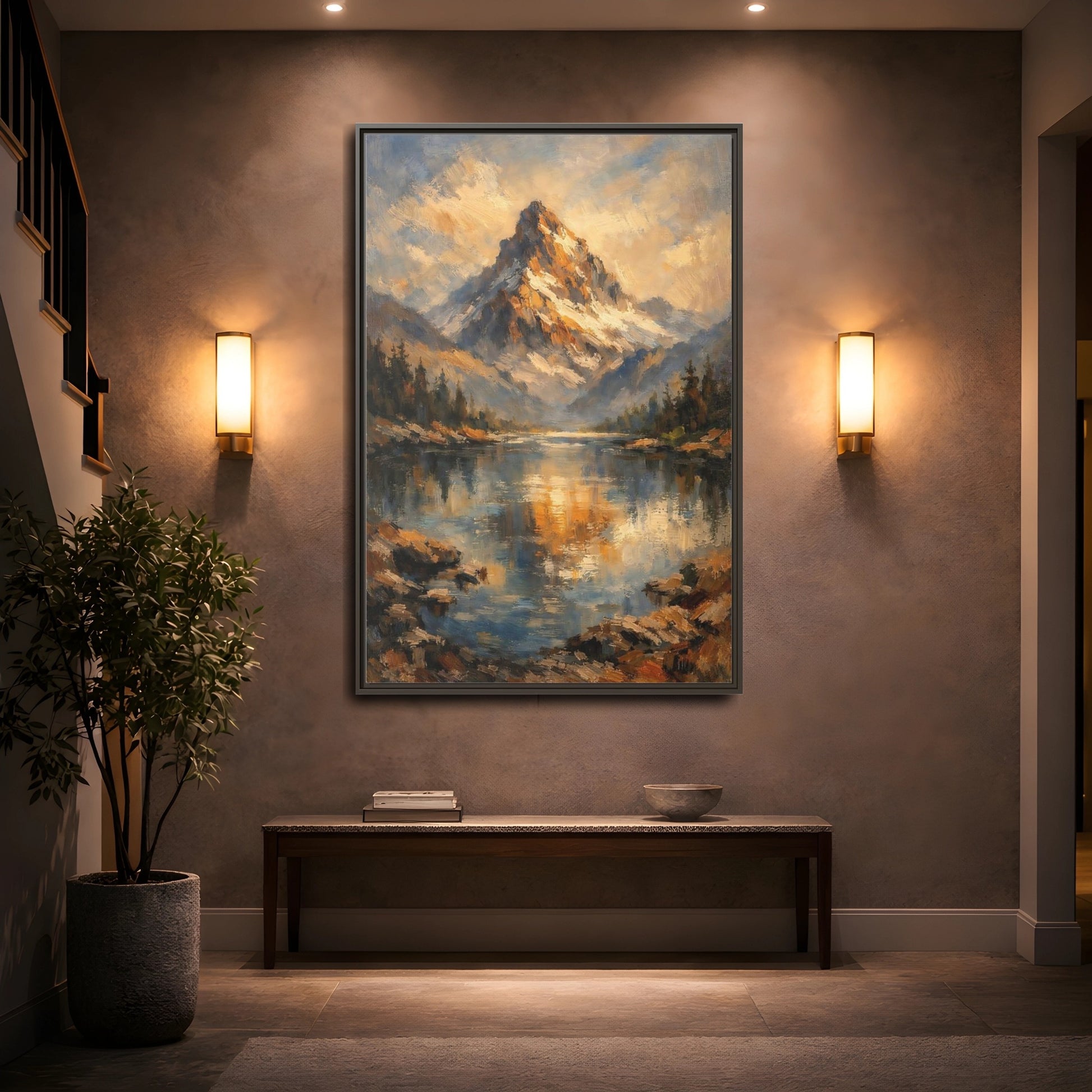 Mockup 4. Nature Snowy Mountain Golden Mountain Lake shown as stretched canvas wall art