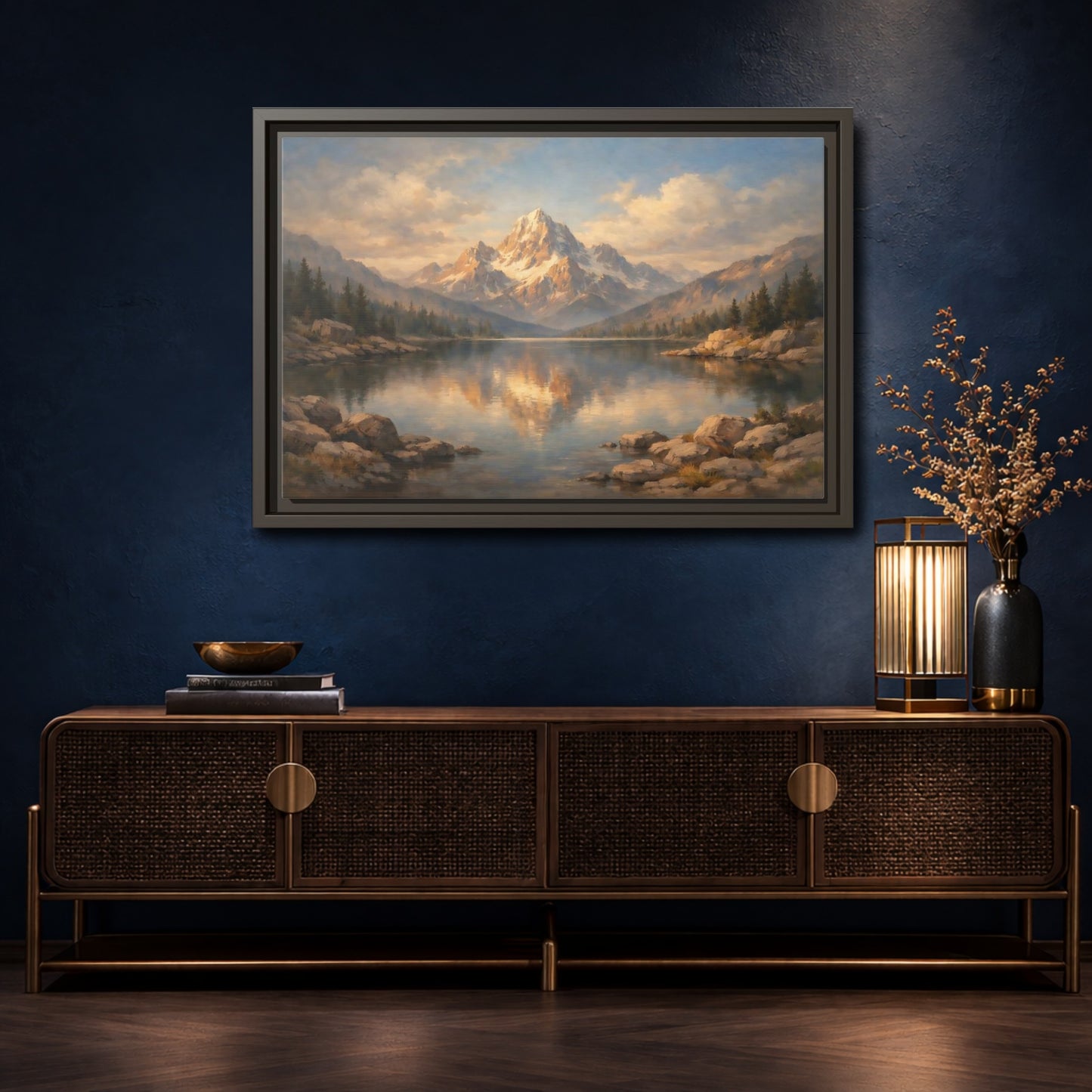 Mockup 4. Nature Snowy Mountain Golden Mountain Lake shown as stretched canvas wall art