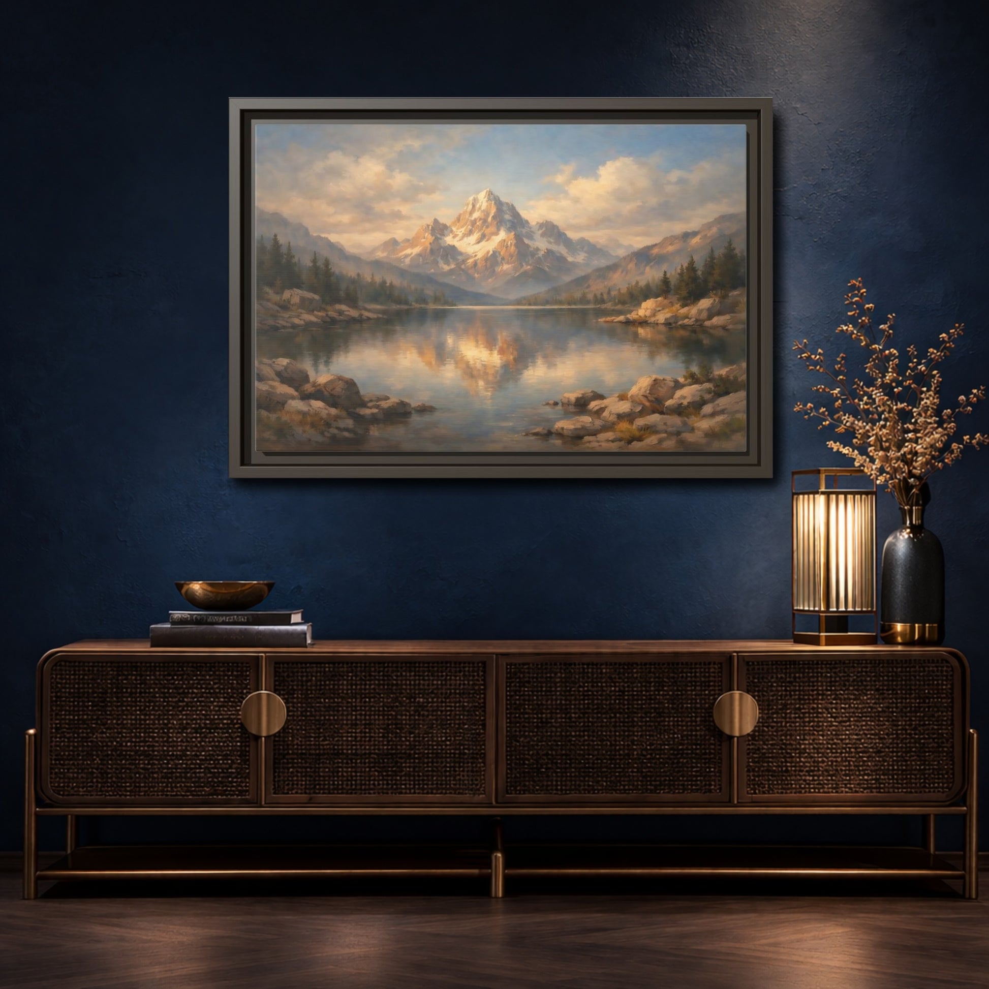 Mockup 4. Nature Snowy Mountain Golden Mountain Lake shown as stretched canvas wall art