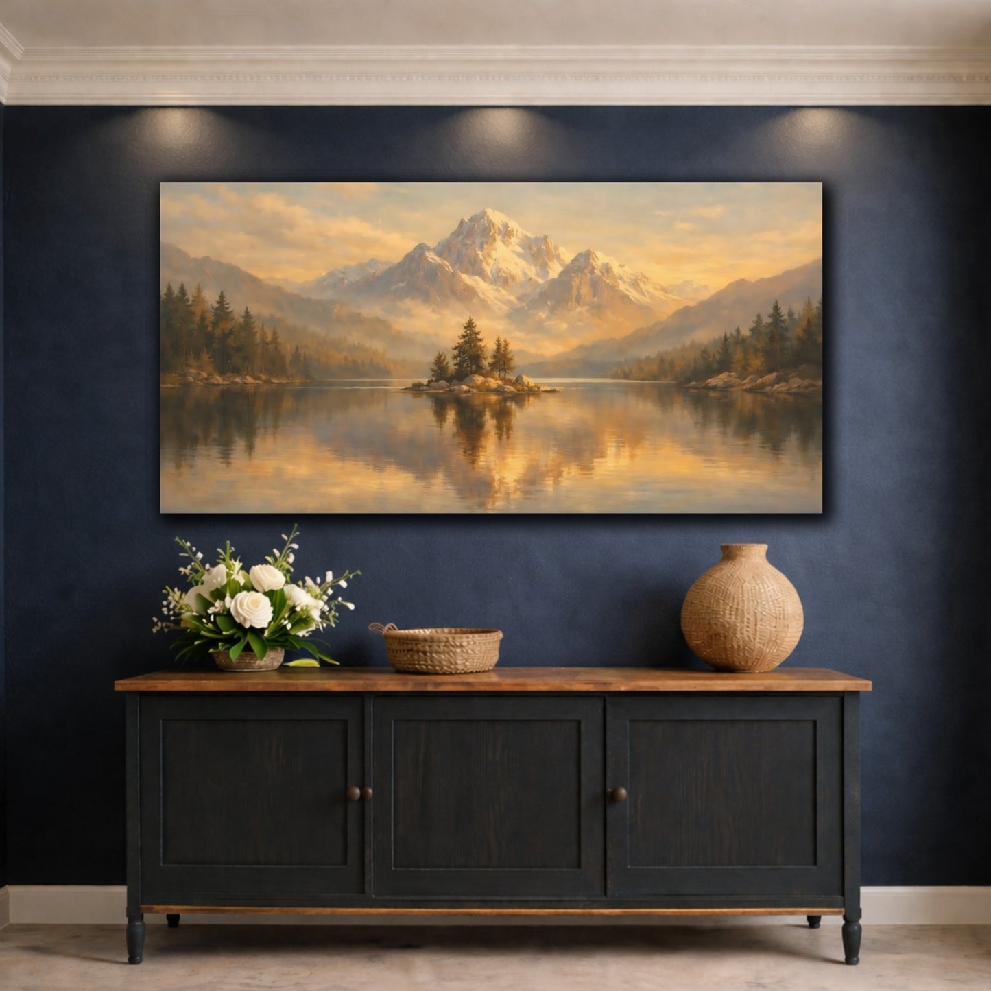 Mockup 4. Nature Snowy Mountain Golden Mountain Lake shown as stretched canvas wall art
