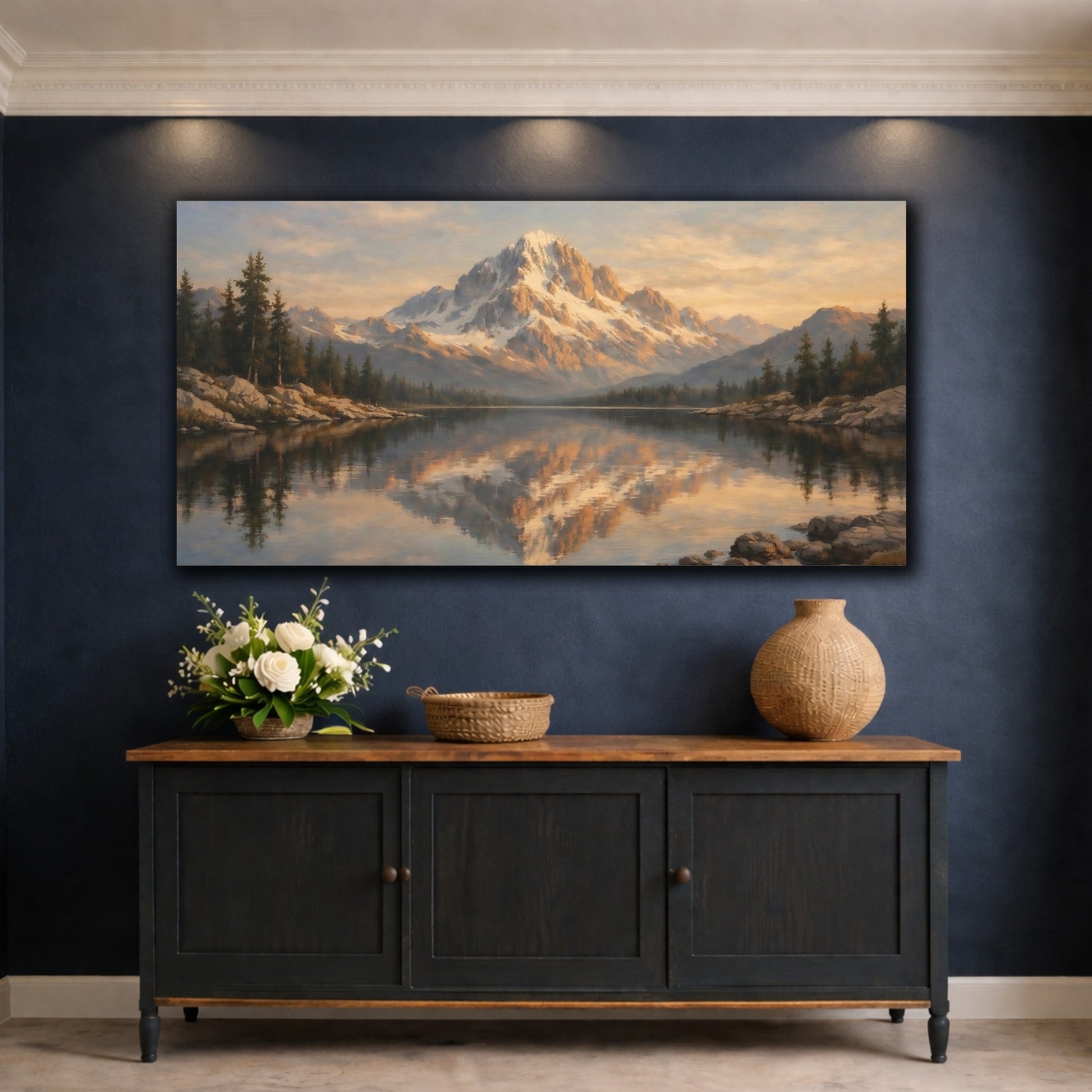 Mockup 4. Nature Snowy Mountain Golden Mountain Lake shown as stretched canvas wall art