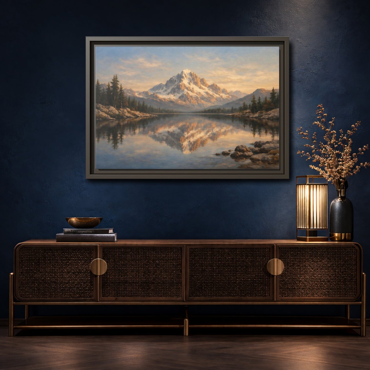 Mockup 4. Nature Snowy Mountain Golden Mountain Lake shown as stretched canvas wall art