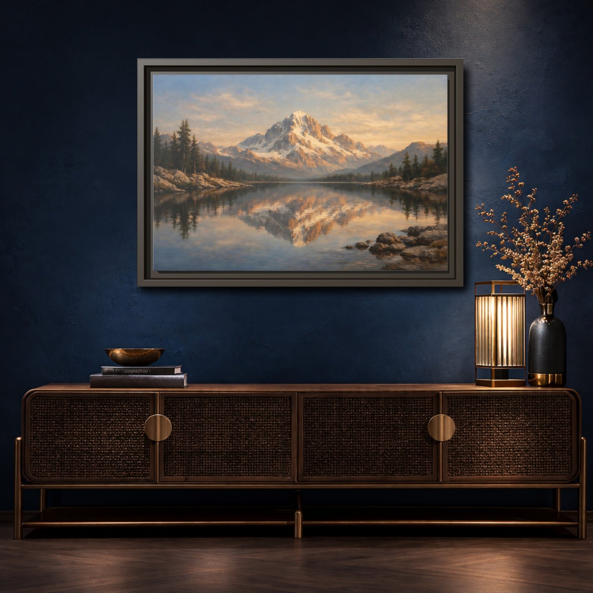 Mockup 4. Nature Snowy Mountain Golden Mountain Lake shown as stretched canvas wall art