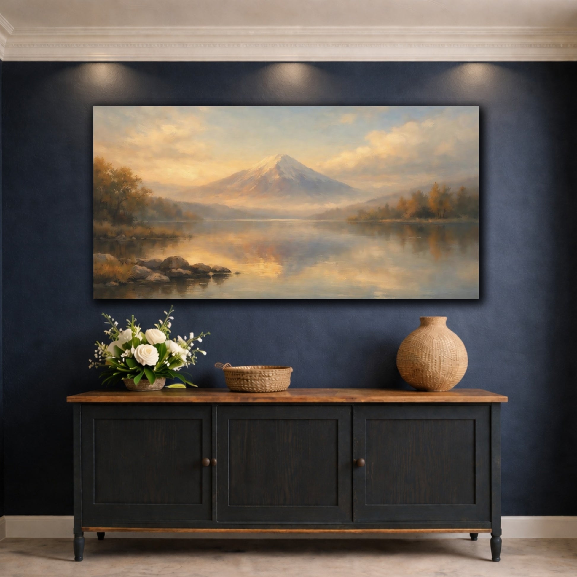 Mockup 4. Nature Snowy Mountain Golden Mountain Lake shown as stretched canvas wall art