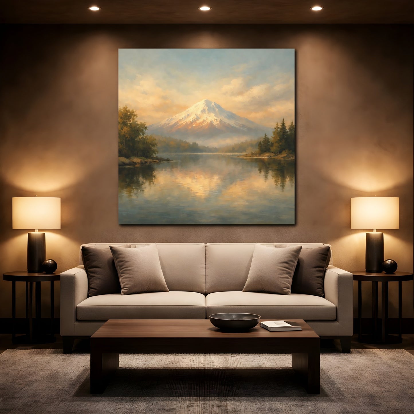 Mockup 2. Nature Snowy Mountain Golden Mountain shown as stretched canvas wall art