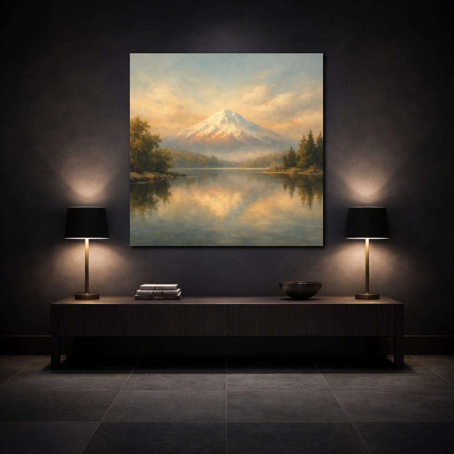 Mockup 3. Nature Snowy Mountain Golden Mountain shown as stretched canvas wall art