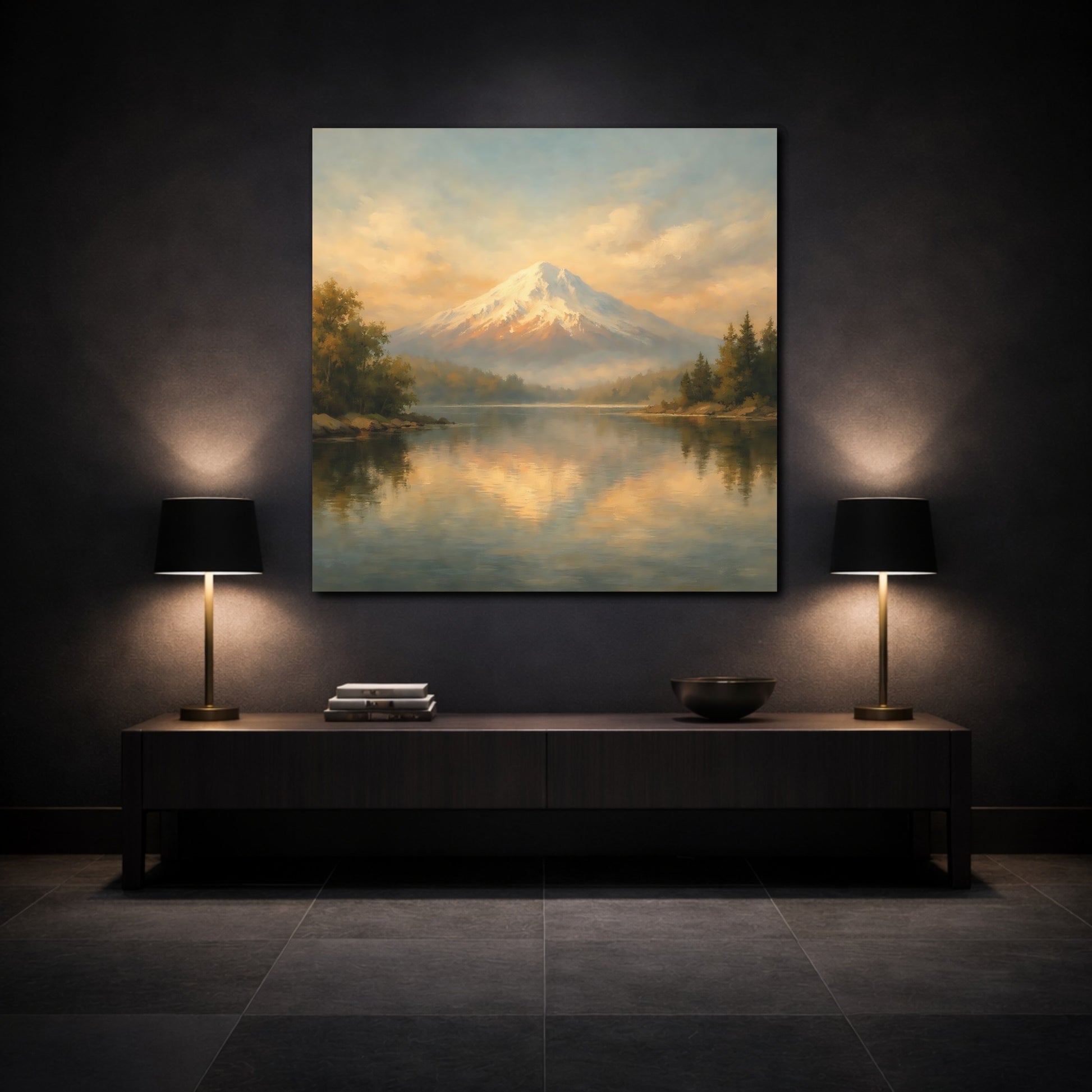 Mockup 3. Nature Snowy Mountain Golden Mountain shown as stretched canvas wall art