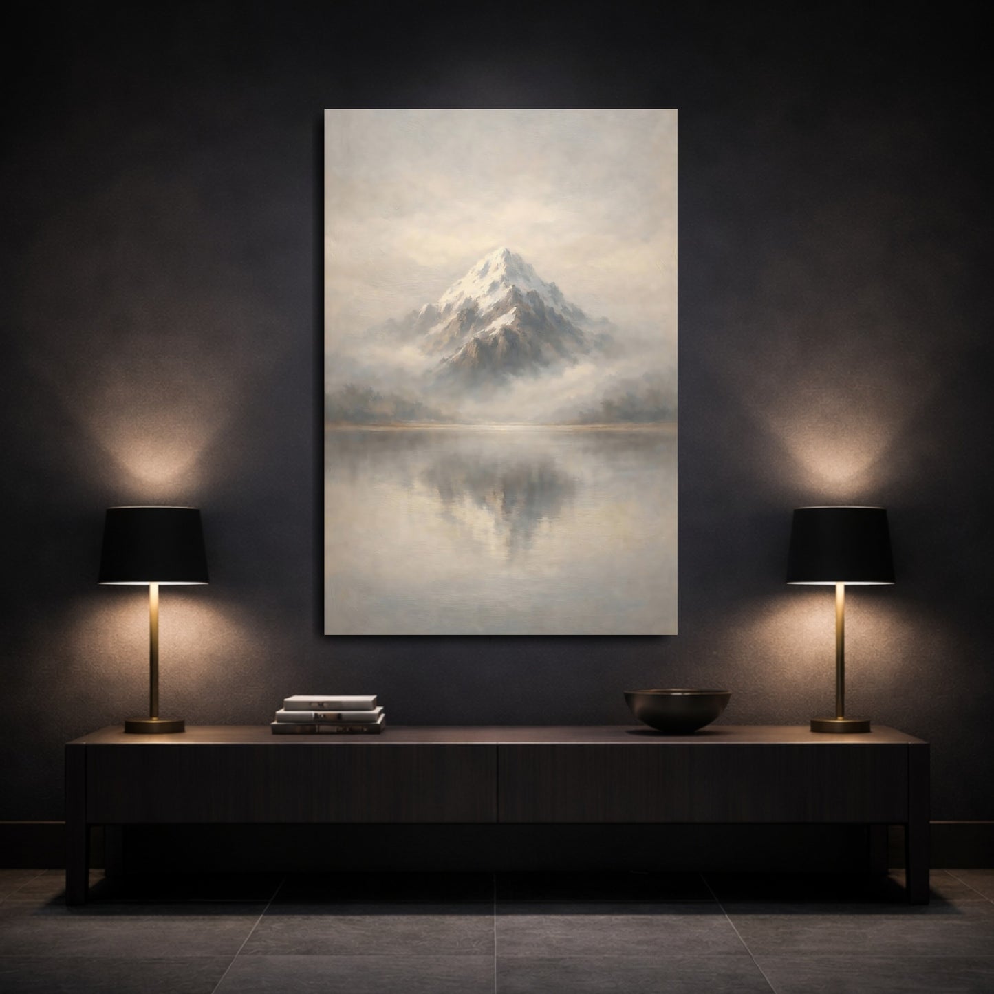 Mockup 2. Nature Snowy Mountain Grey And White Mountain shown as stretched canvas wall art