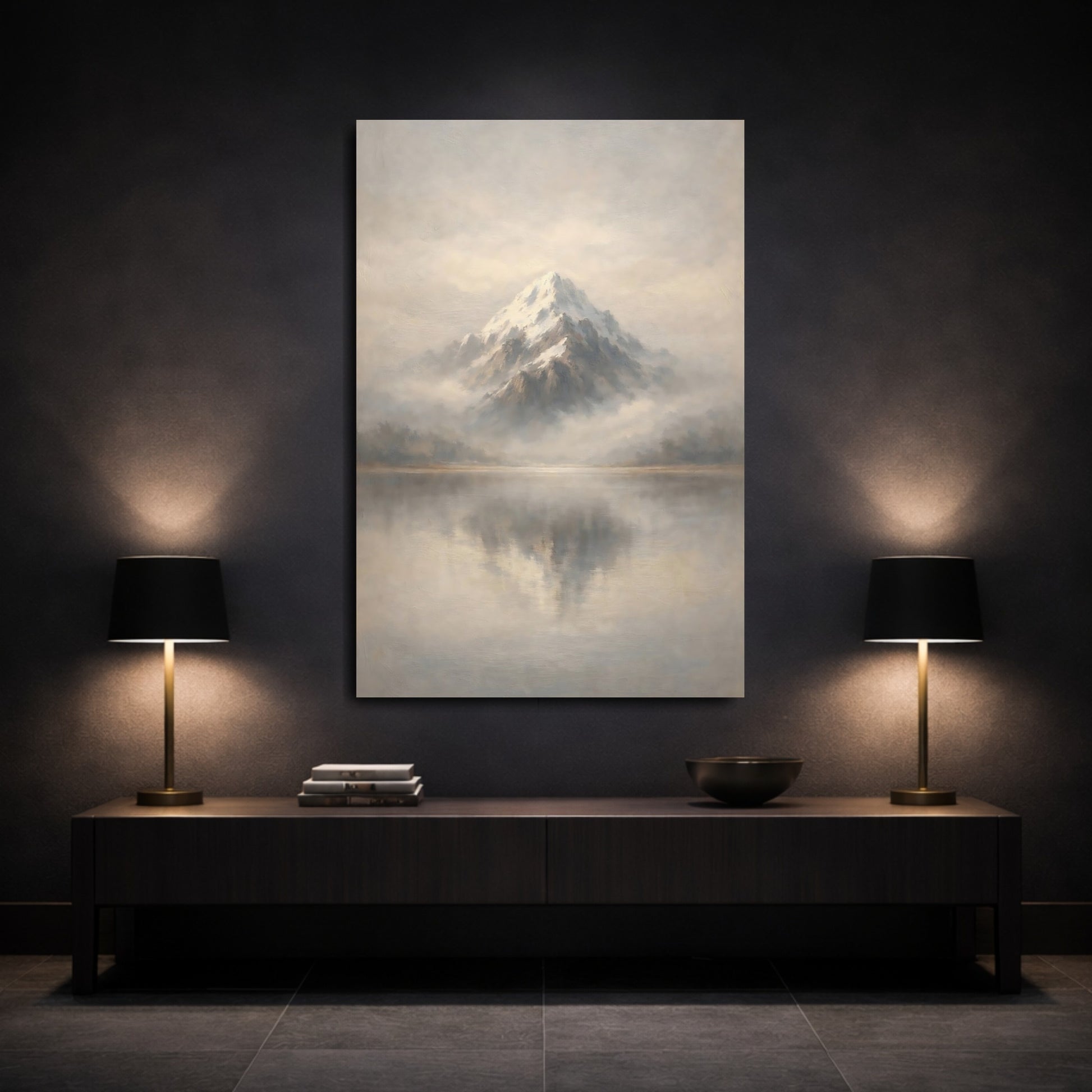 Mockup 2. Nature Snowy Mountain Grey And White Mountain shown as stretched canvas wall art