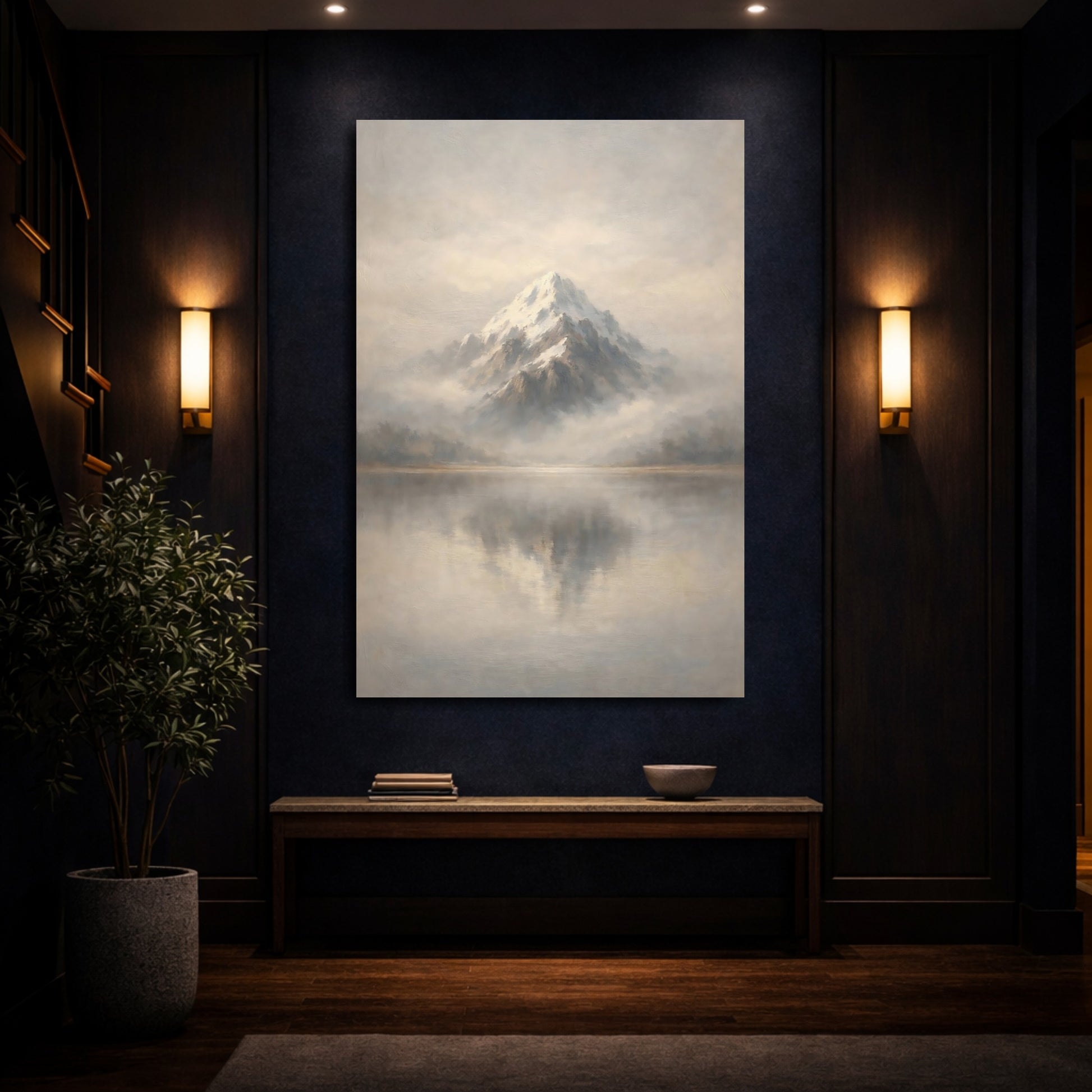 Mockup 3. Nature Snowy Mountain Grey And White Mountain shown as stretched canvas wall art