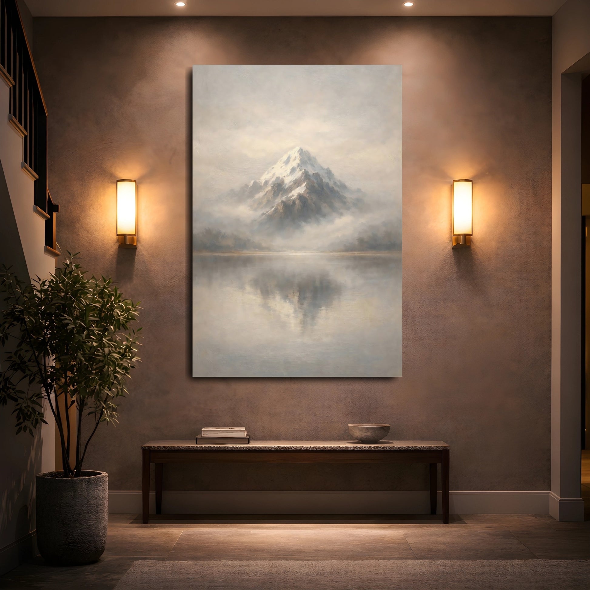 Mockup 4. Nature Snowy Mountain Grey And White Mountain shown as stretched canvas wall art