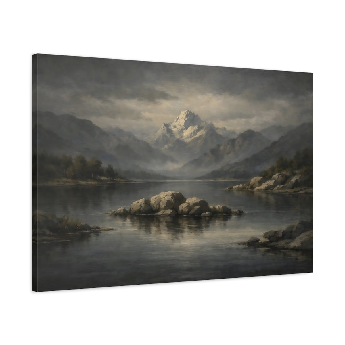 Side Mockup 1. Nature Snowy Mountain Grey Mountain Lake shown as stretched canvas wall art