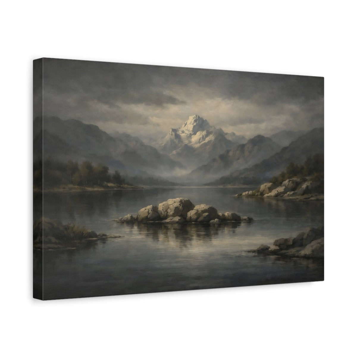 Side Mockup 4. Nature Snowy Mountain Grey Mountain Lake shown as stretched canvas wall art