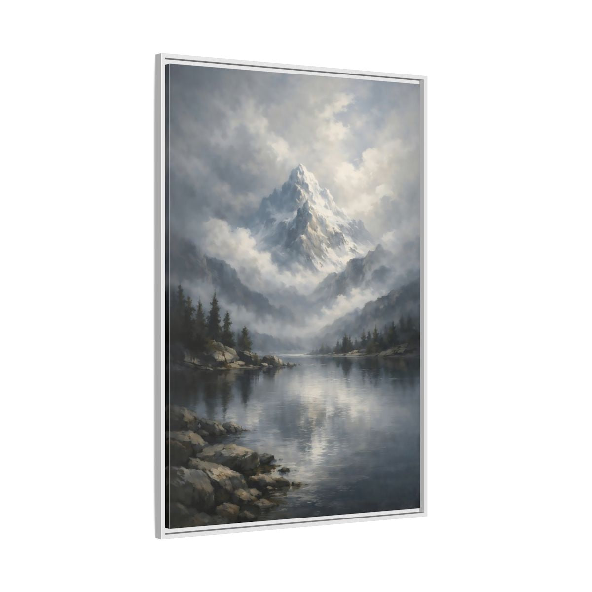 Side Mockup 7. Nature Snowy Mountain Grey Mountain Lake shown as stretched canvas wall art